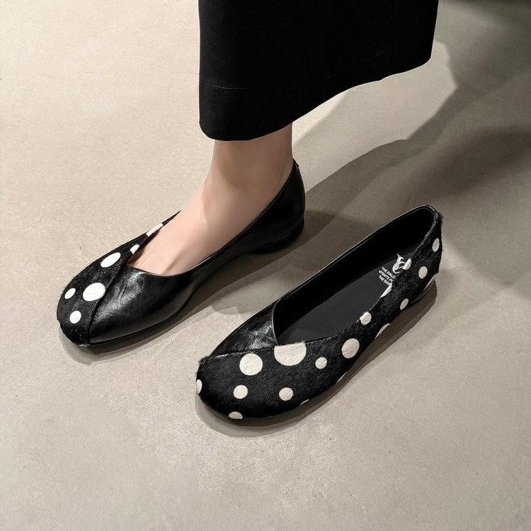 Spring Summer Leather Sweet Style Yellow Polka Dot Shallow Single Shoes for Women, Niche Versatile Shoes, Slip-on Small C