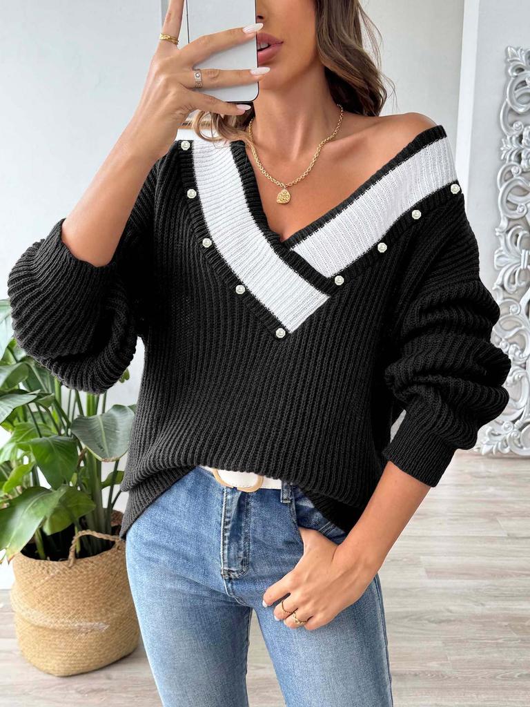 Color Block Patchwork Pearl Beaded V-Neck Loose Knit Sweater for Women