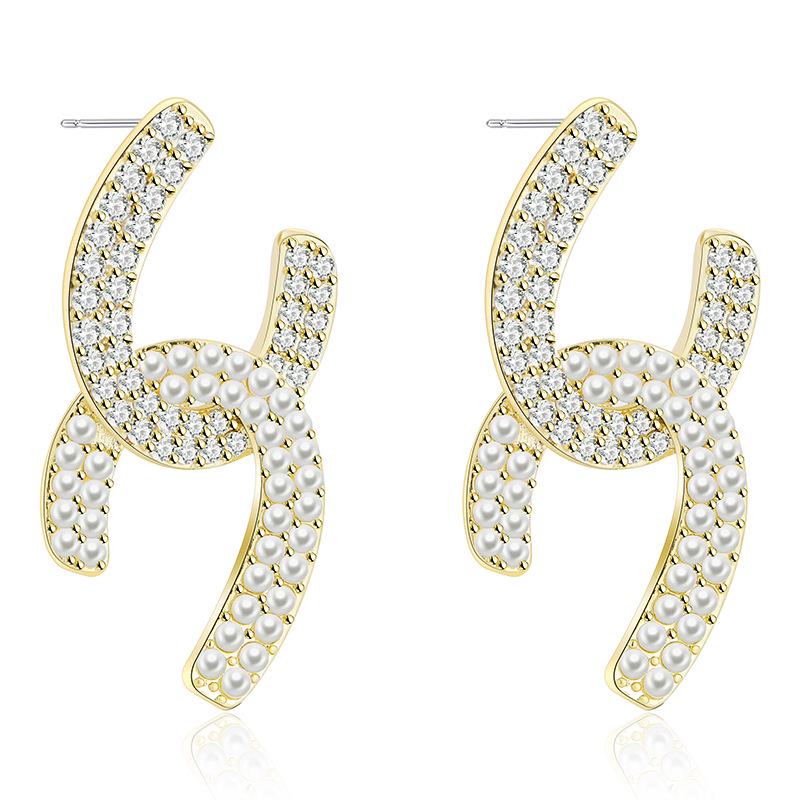 Xiao Xiangfeng Double C Pearl Bowknot Earrings: 925 Silver Zircon Japanese-Korean Style