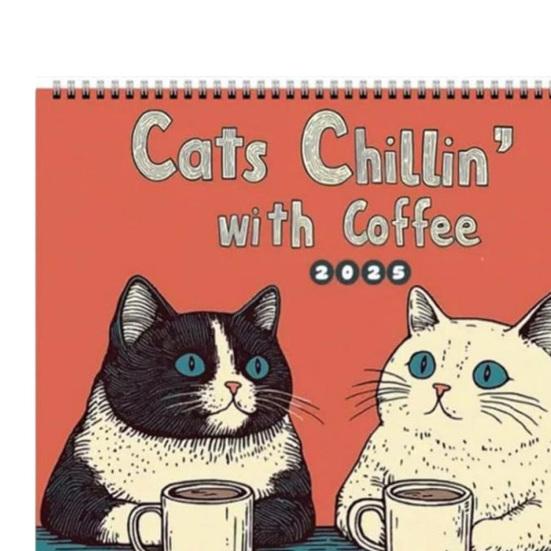 1/2Pcs 2025 Wall Calendar Cats Chillin' with Coffee Wall Calendar 12 Monthly Coffee Cats Calendar Family Office Organizer for Cat Lover Gift