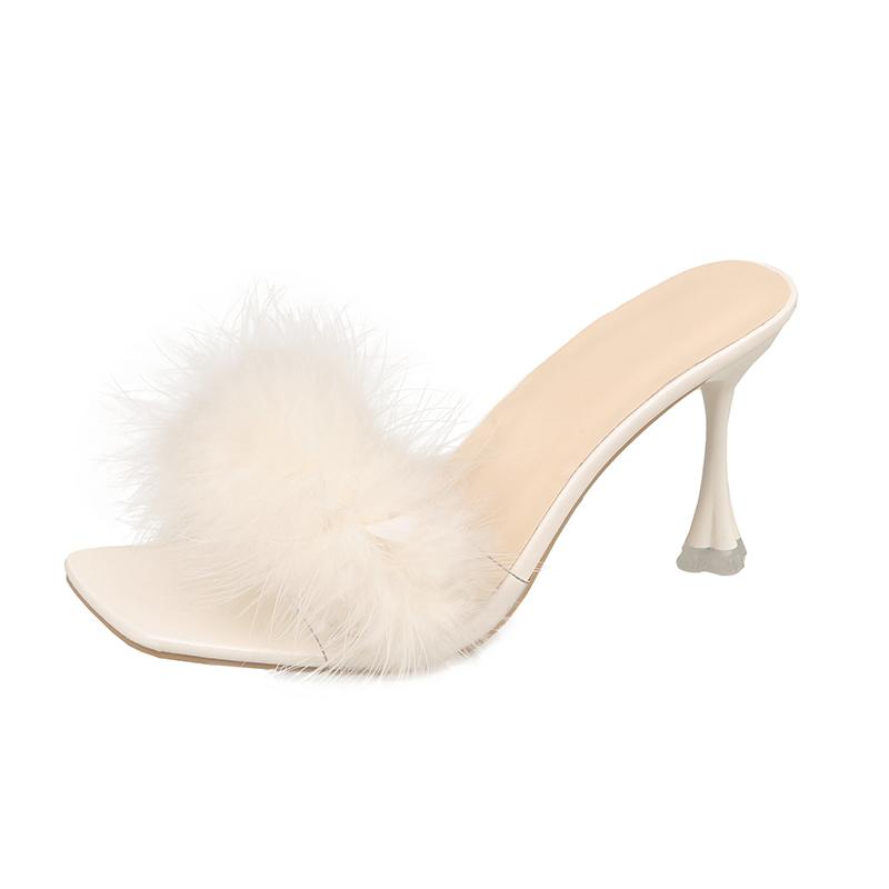 Fashion Plus Size 2025 New Women's Open Toe Slippers Square Toe Feather Thin Heels Sandals Summer Fashion Party Dress Slippers Zapatos