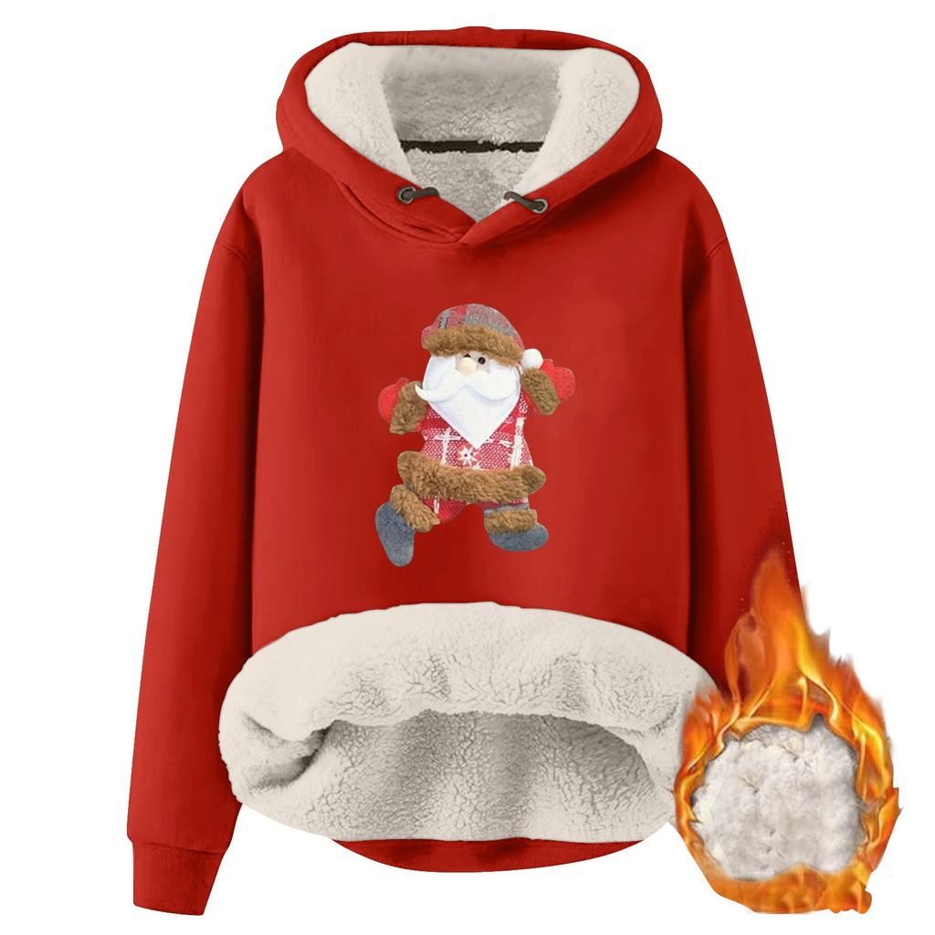 Women's fashionable hooded Christmas print and fleece warm loose pullover hoodie