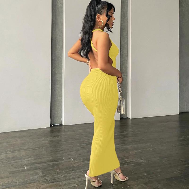 Summer New Sleeveless Backless Slim Fit Sexy Dress Women Elegant Solid Casual Party Club Long Dresses Women Vintage Fashion Knitted Ladies Dress 26529