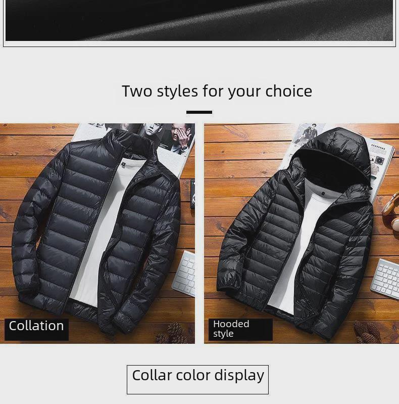 Męska Ultracienka Lekka Kurtka Bawełniana Puchowa, Jesień/Zima 2023, Styl Koreański, Modny Stojący Kołnierz