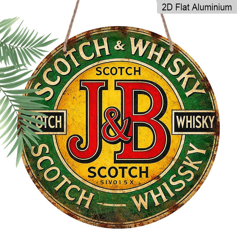 2D Flat, 1pc Round Aluminum J&B Scotch Whisky Vintage Metal Sign, Retro Distressed Green & Yellow Logo Print, Waterproof Rust-Proof Wall Plaque 7.87×7.87inch