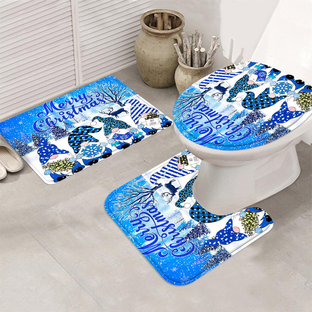 4Pcs Christmas Dwarf of The Ice World Shower Curtain Set with Non-Slip Bath Mat, Toilet Lid Cover, Contour Rug & 12 Hooks, Bathroom Decor