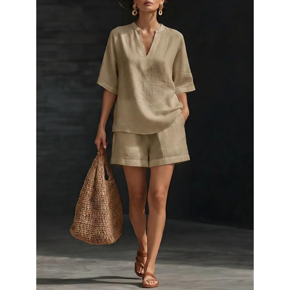 Women Solid V-Neck Top & Shorts Two Piece Matching Set, Casual Outfit for Spring Summer