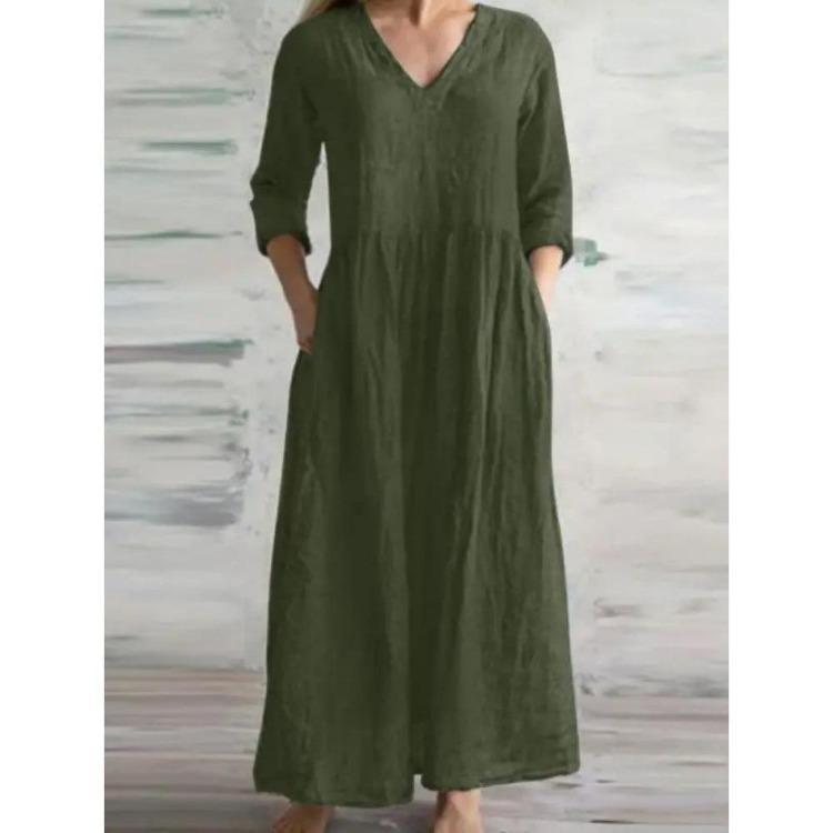 New Casual Women Loose Long Maxi Dress V Neck Half Sleeves Simple Style Cotton Linen Vestido Lady Dress for Spring Autumn