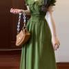 French Retro Green Dress Children's Summer New Models Are Popular This Year, Small Temperament Pinched Waist Dress