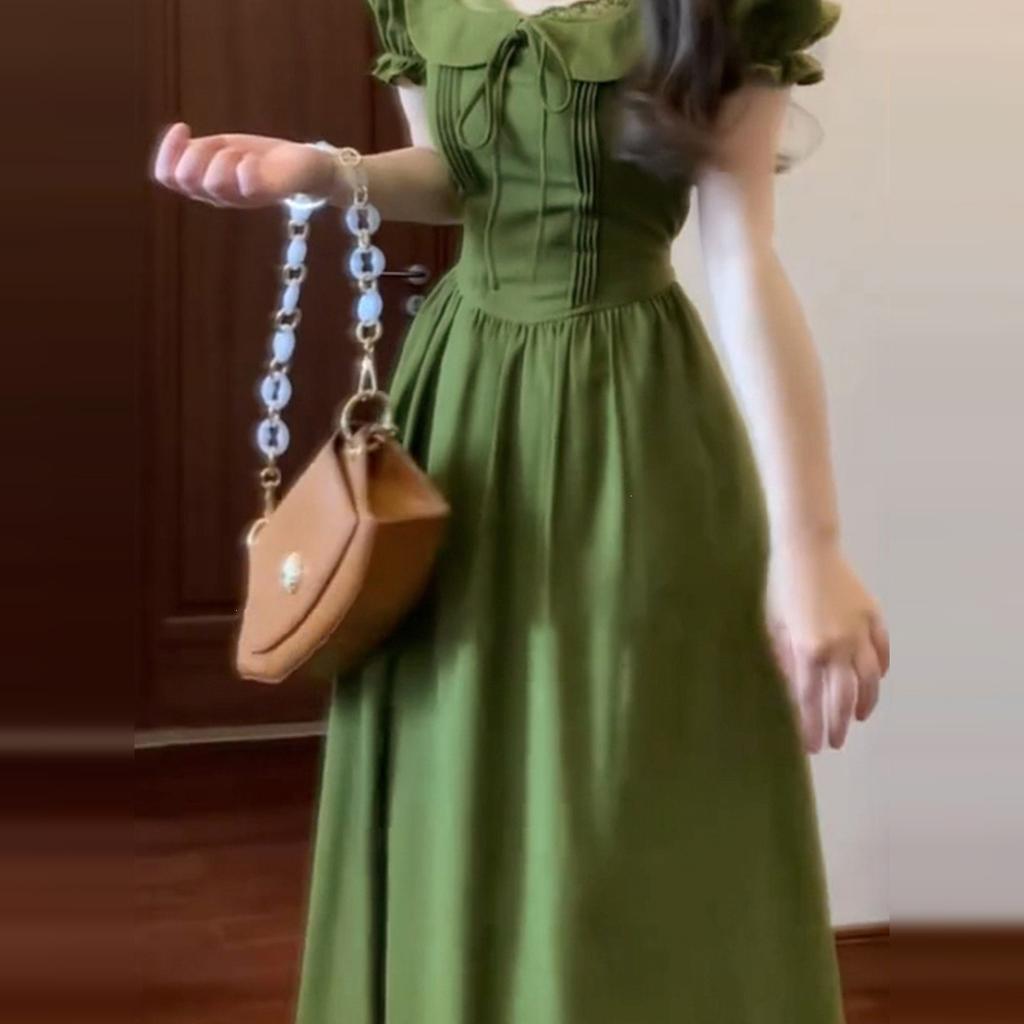 French Retro Green Dress Children's Summer New Models Are Popular This Year, Small Temperament Pinched Waist Dress