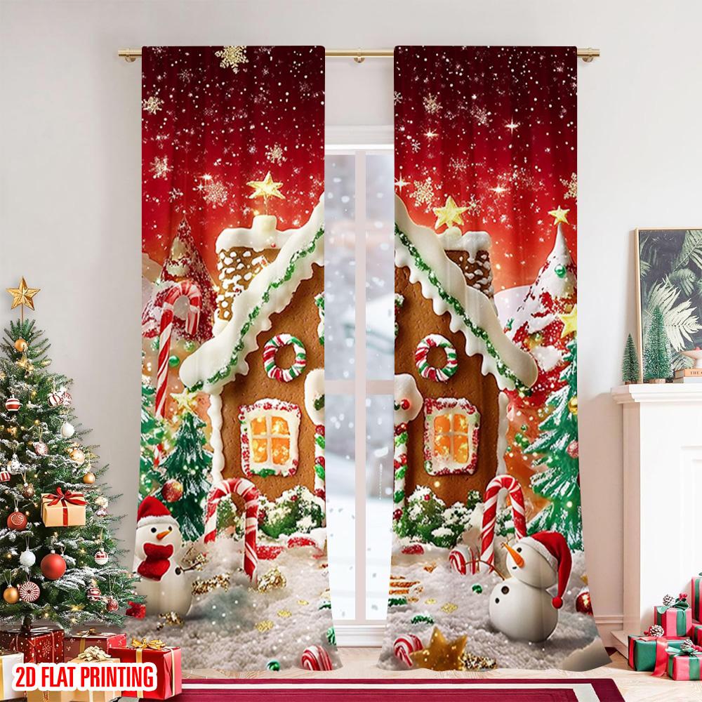 Flat Printing Christmas Curtains Merry Gingerbread House Santa Tree Lollipop Party Versatile Fabric Curtain Set Of 2 Made Polyester Washable