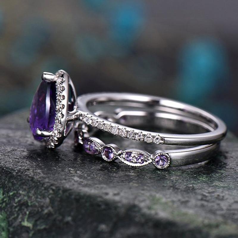 Charming Pear Purple Cubic Zircon Set Rings for Women Wedding Party Temperament Elegant Lady Accessories Fashion Jewelry