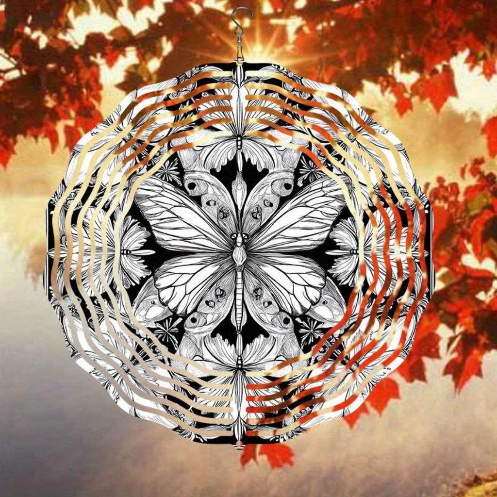 Hand-Painted Black & White 3D Butterfly Mandala Wind Chime – Rotating Garden Art Decor for Home, Courtyard