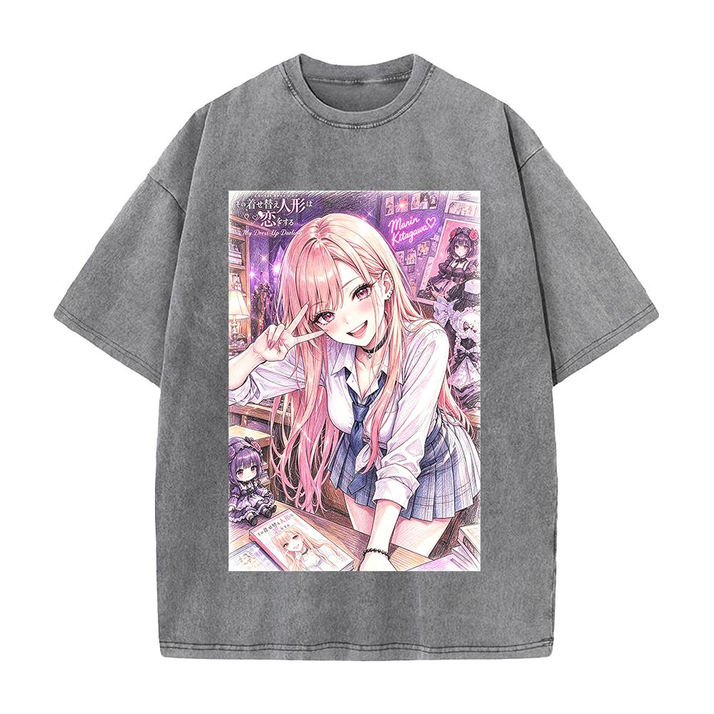 Anime My Dress Up Darling Kitagawa Marin Bedrucktes T-Shirt Herren Damen Gewaschene Baumwolle T-Shirts Kurzarm Kleidung Vintage Streetwear