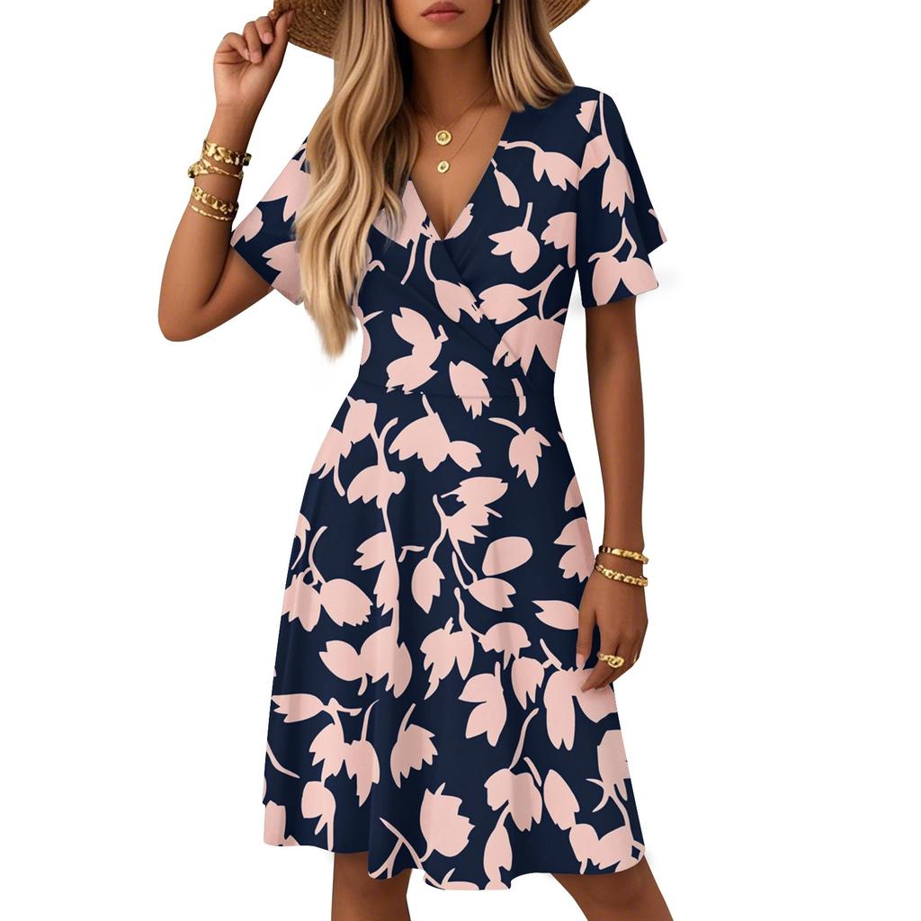 Women's Summer Fashion Leaf Print Dress Casual Beach A-line V-neck Loose Sundress
