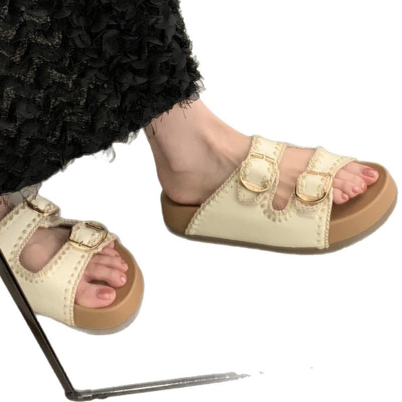Soft leather version~ thick-soled slippers women's summer wear new one-word slippers high-end cool slippers