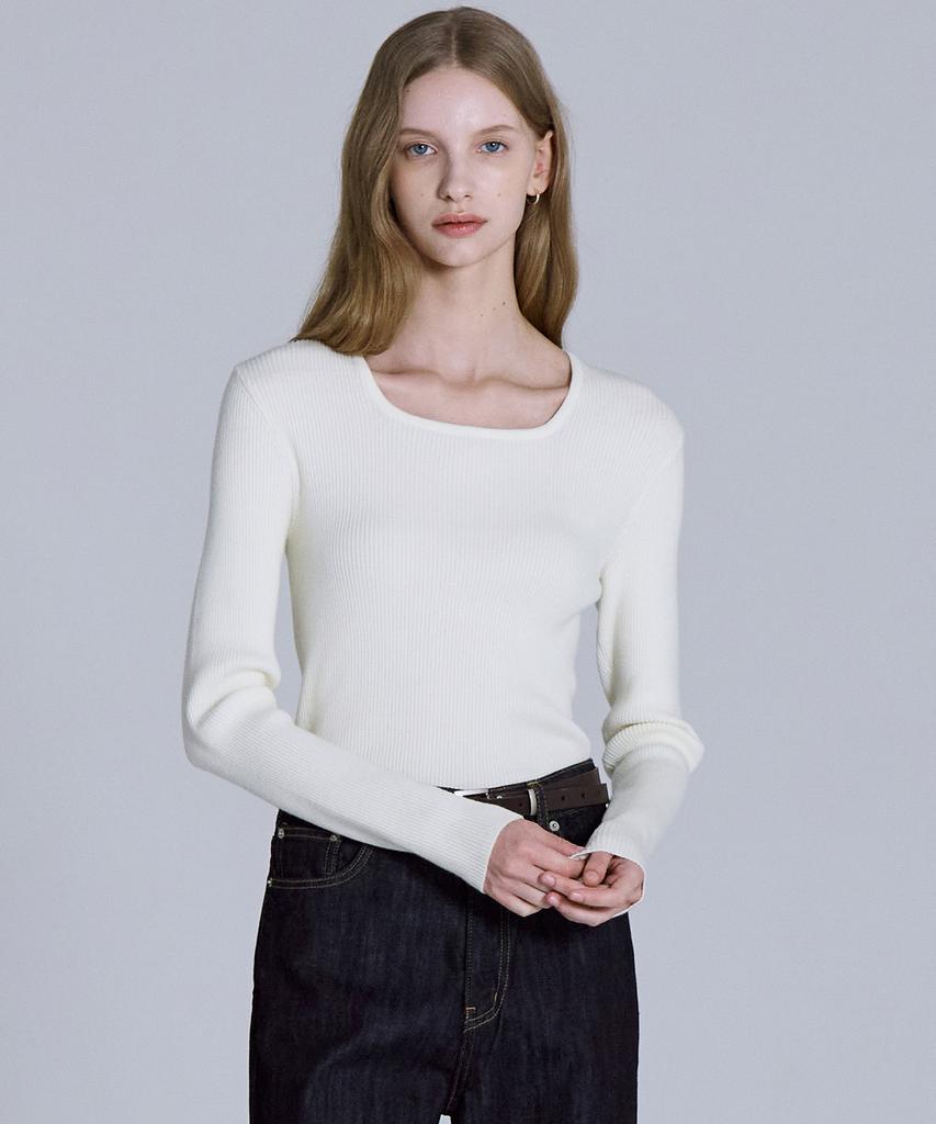 BASIC HOUSE Women'S Square Neck Long Sleeve Sweater Ivory Lykt7204