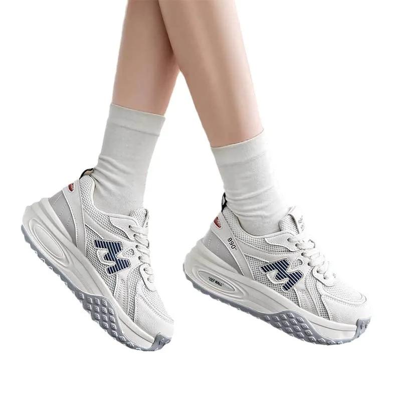 Fashion Soft Leather Mesh Sports Shoes Women 2024 Autumn New Breathable All-match Lightweight Platform Casual Shoes