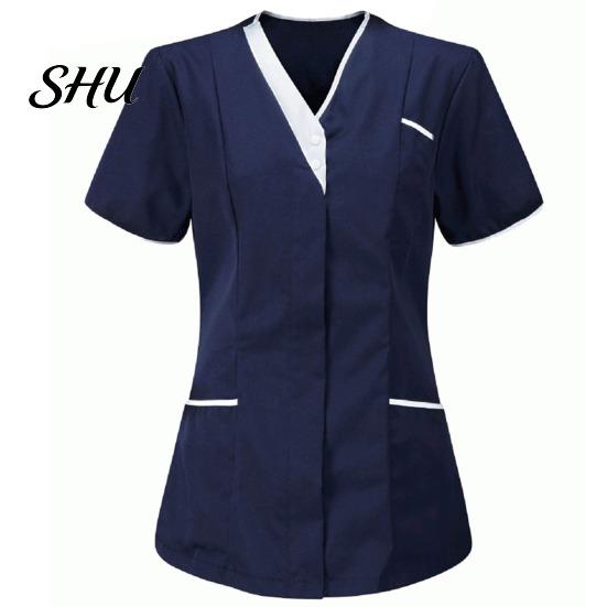 Tops Uniforme Camici da Infermiere Traspiranti Donna Scollo a V Manica Corta Tasche Top Scrub Tute Uniformi Patchwork Colore Design Lavoro Infermieristico