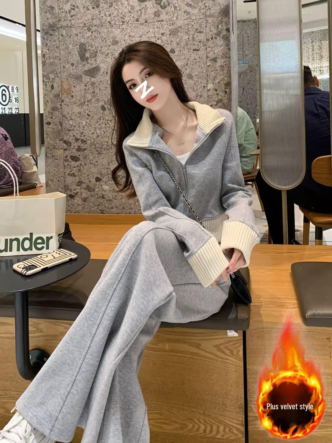 

Women s Autumn/Winter Casual Suit: Stand Collar Zipper Jacket & High Waist Wide-Leg Pants, Plus Velvet Two-Piece Set 2026. Extra Large сірий колір