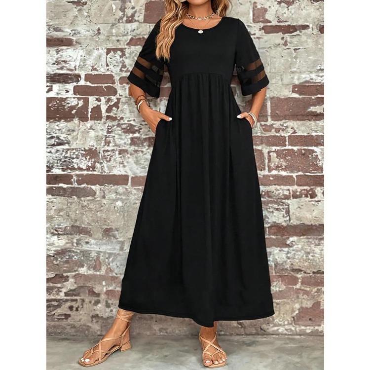 Women Slimming Mesh Panel Long Dress Elegant Stretchy Fabric Crew Neck Solid Color All Season Wear