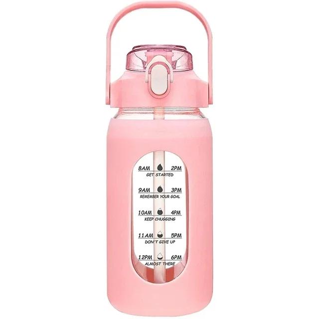 1000ML Glass Water Bottles With Straw, Glass Bottle With Silicone Sleeve And Time Marker, For Gym Camping Home Office