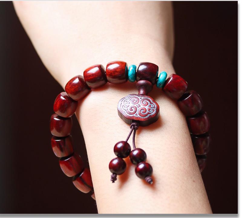 Women's Small-Leaf Rosewood Bracelet with Mother-of-Pearl Bead, Wenwan Buddhist Calming Ornament, Unisex.