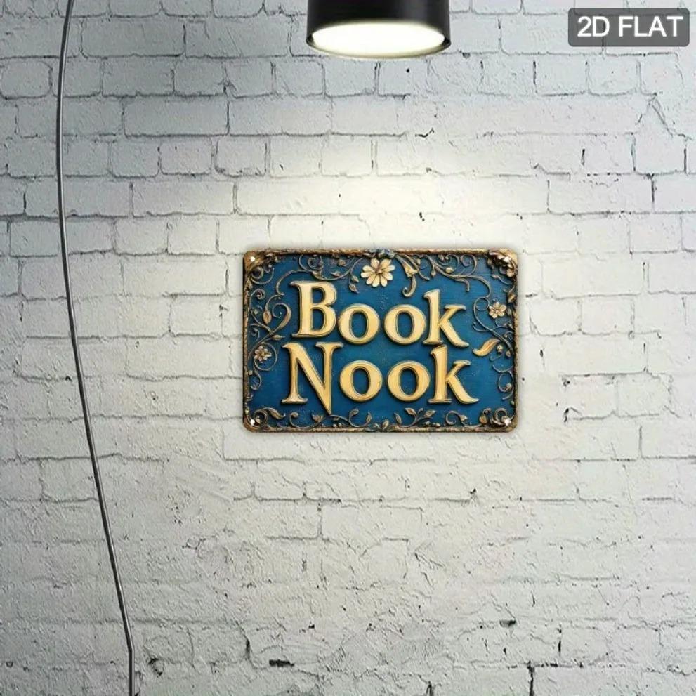 Vintage Rustic Book Nook Metal Wall Sign Floral Gold Letters Home Decor Gift