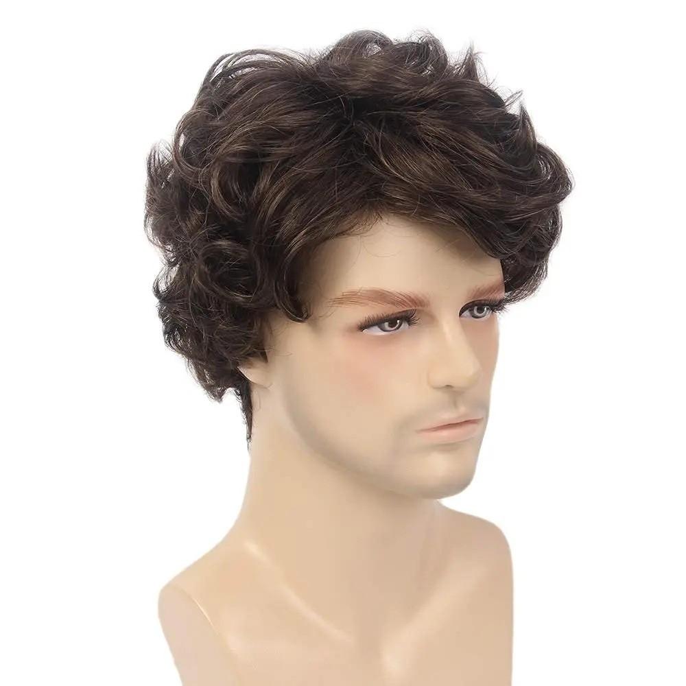 Short Brown Black Wig With Bangs Men Curly Wig Fluffy Wave Synthetic Hair for Male Cosplay Daily Heat Resistant Fibre Wig