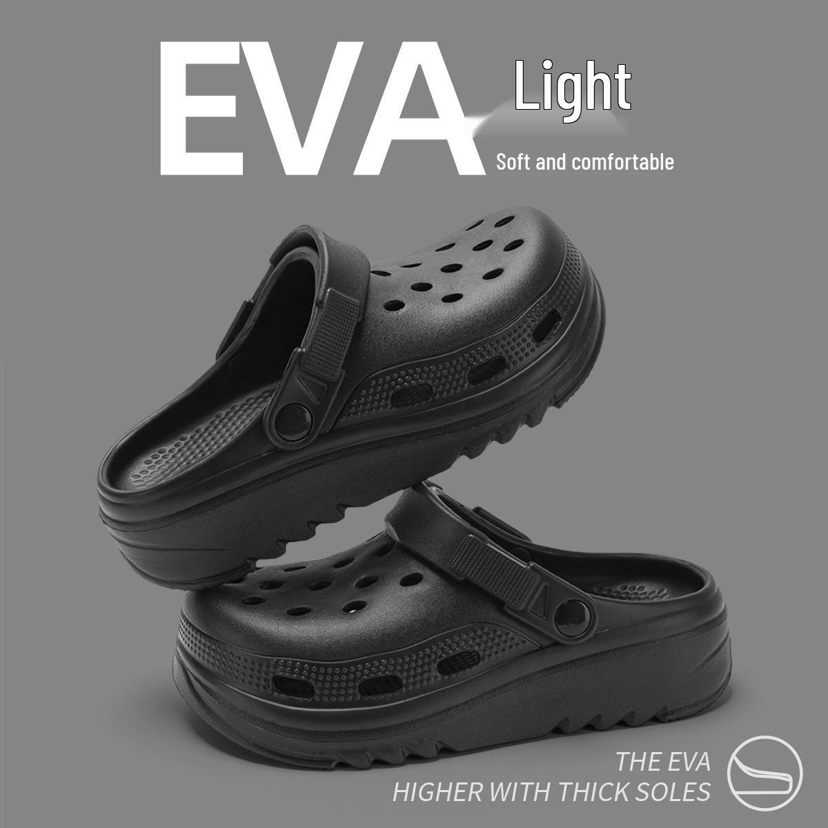 

Женские пляжные туфли на толстой подошве с противоскользящим эффектом 2024: Закрытый носок, Дизайн с отверстиями, Полушлепанцы для летней уличной носки. 38-39 чёрный