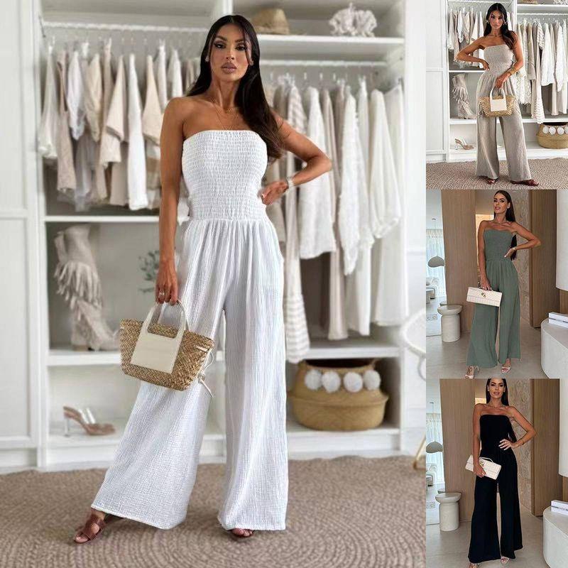 

Foreign Trade European and American Women s Clothing Amazon 2025 Summer Double-Layer Cotton Pure Color off-Neck Pocket Fitted Waist Jumpsuit White S