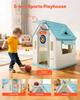 Outdoor Playhouse, 5-In-1 Cottage Play House with Pretend Play, Basketball, Darts, Soccer, Ring Toss, Window & Convenient Door, Toddler Slide Set for