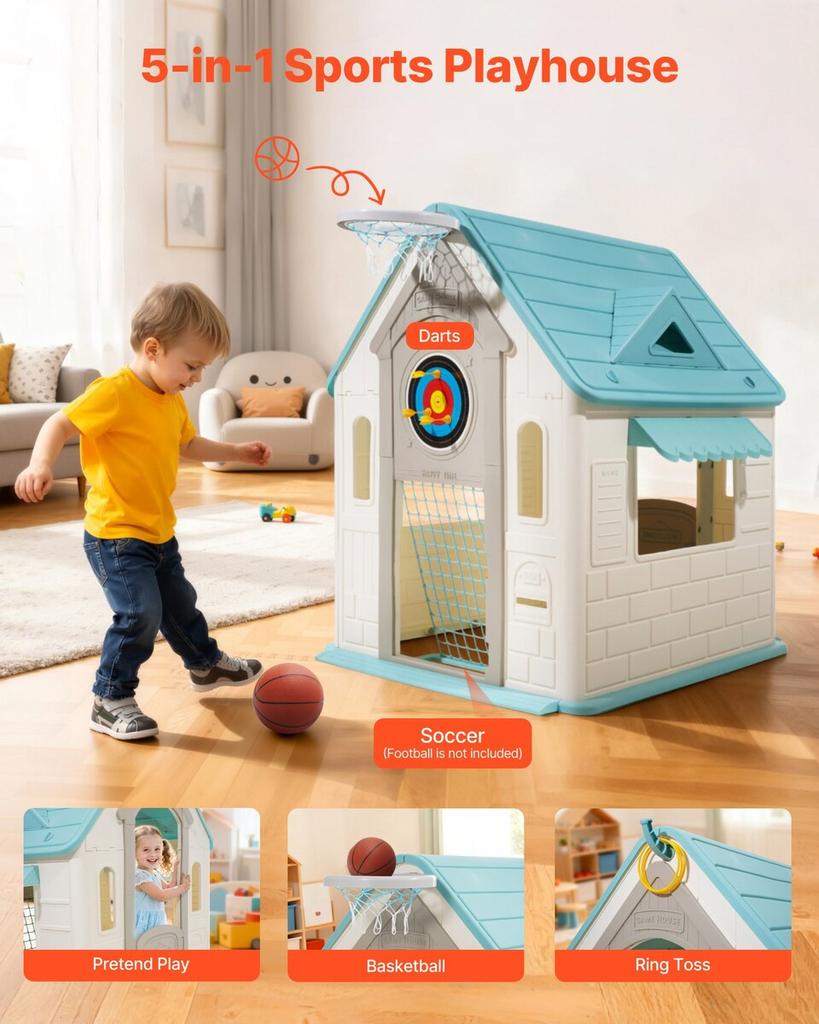 Outdoor Playhouse, 5-In-1 Cottage Play House with Pretend Play, Basketball, Darts, Soccer, Ring Toss, Window & Convenient Door, Toddler Slide Set for