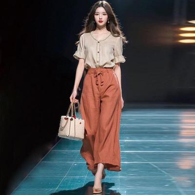 2024 Women's Retro Hong Kong Style High-End Summer Suit: Pretty Shirt & Pants Two-Piece Set