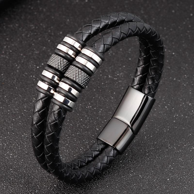 Stainless Steel Accessories Multi-layer Hip Hop Rock Style Black Color Men's Leather Bracelet New Year Gift