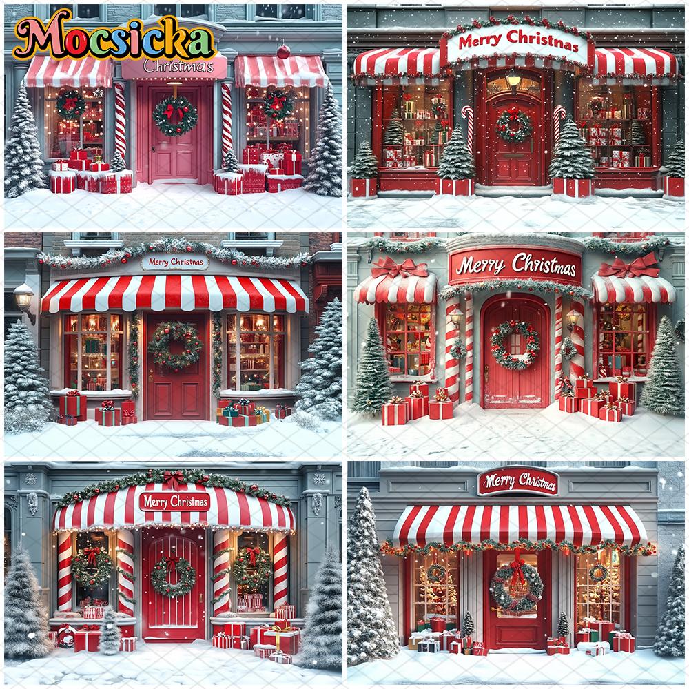 Mocsicka Christmas Photography Backgrounds Winter Snow Decor Photo Backdrops Xmas Tree Candy Store House Pattern Shooting Banner