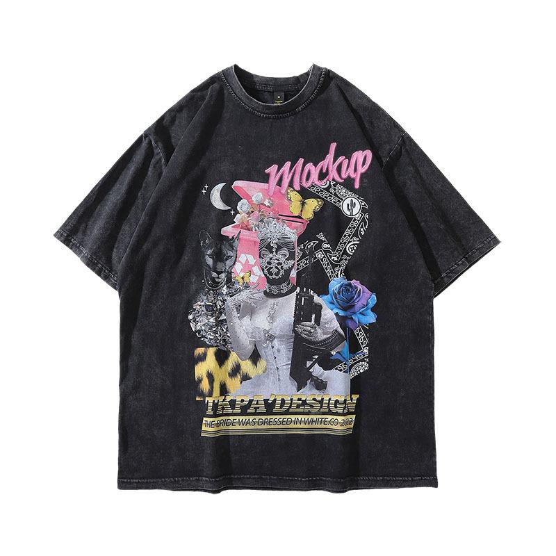 Harajuku Street Trendy Brand Sweet And Cool Cartoon Print Washed Short-Sleeved T-Shirt Men'S Ins Loose And Old Half-Sleeved Top