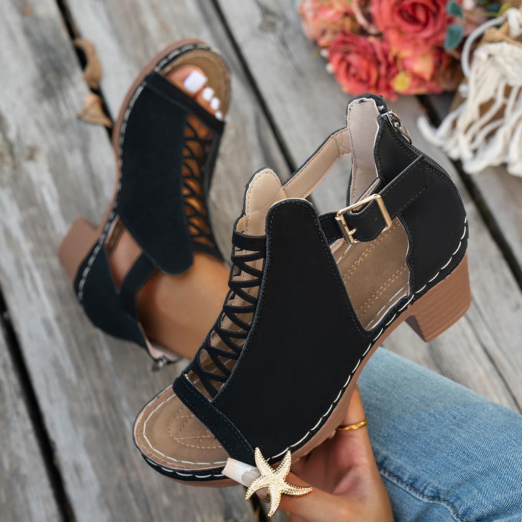 Fashion Women Chunky Heeled Sandals Retro Peep Toe Cut-out Buckle Strap Shoes Women Trend Outdoor High Heels Sandals Zapatos De Mujer