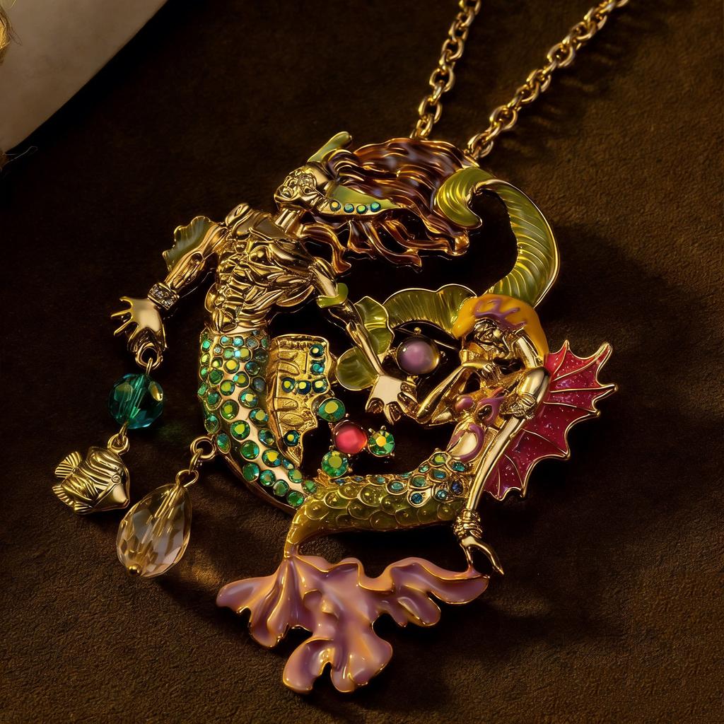French Retro Vintage Mermaid Brooch Necklace Dual-Use Luxurious Exquisite Ocean Fish Necklace Jewelry Birthday Gifts for Women
