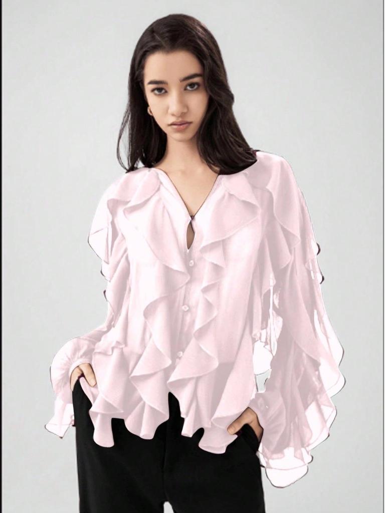 European and American V-Neck Layered Long-Sleeve Women's Spring/Summer Pullover Shirt