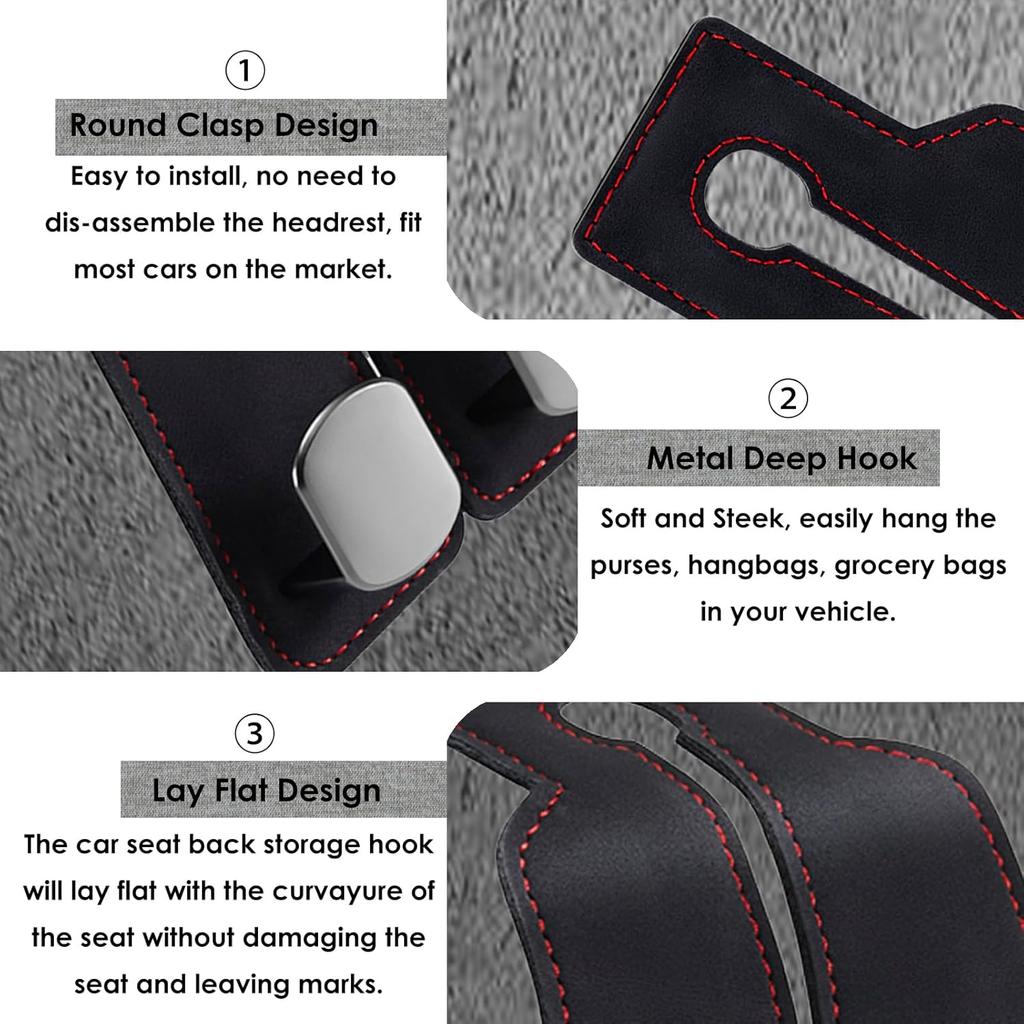Purse Hook For Car, Thickened Leather Sturdy Metal Purse Holder For Car - Car Headrest Hangers, Bag Hooks For Car (Black - 2 Pack)