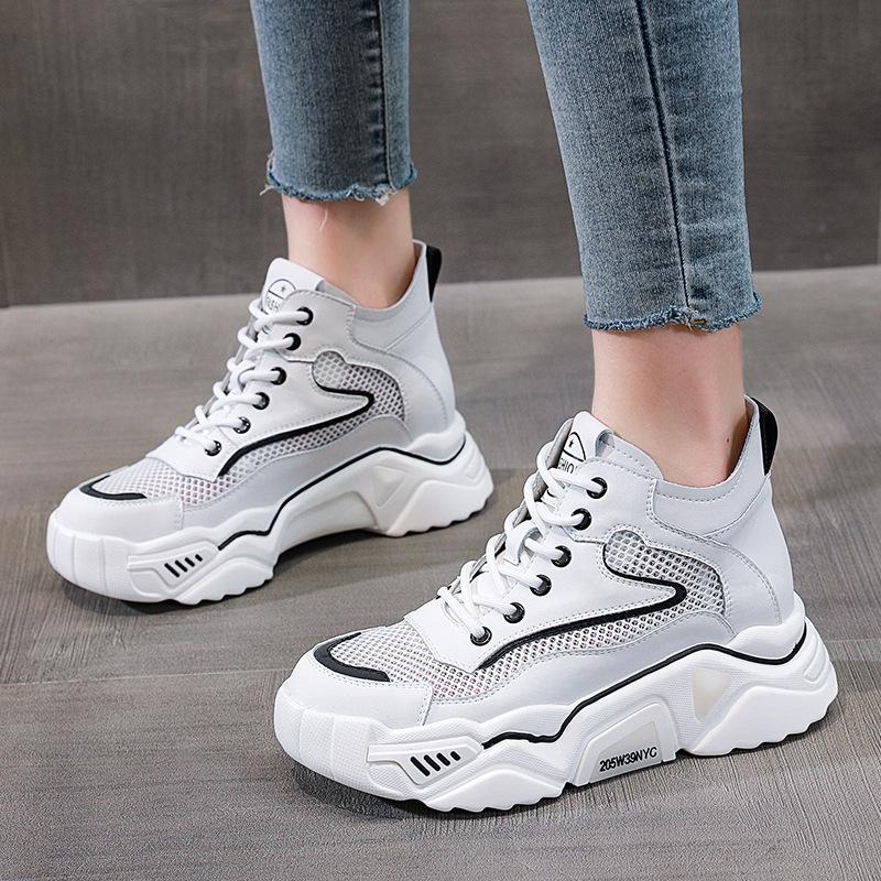 2026 summer thickness increase breathable mesh leather ins high-top casual dad shoes women hollow mesh