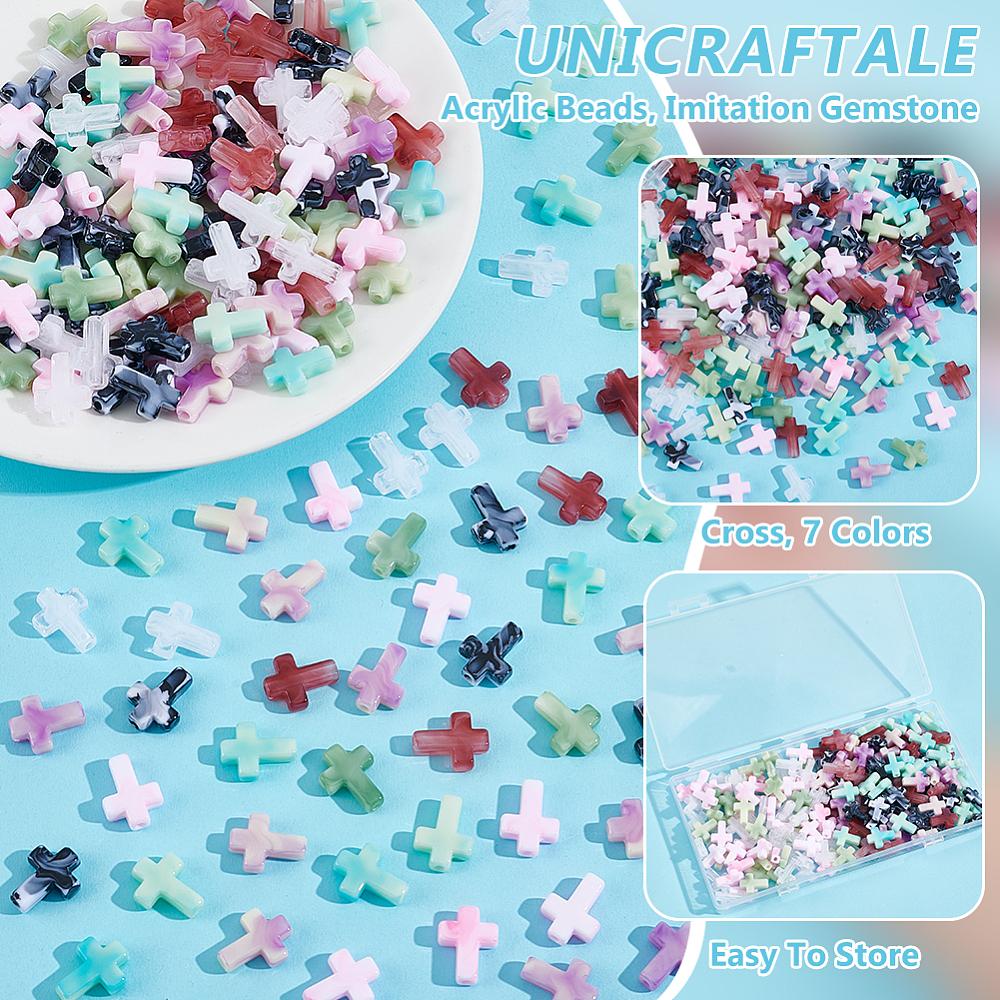 210Pcs 7 Colors Acrylic Beads, Imitation Gemstone, Cross, Mixed Color, 15.5x12x4.5mm, Hole: 2mm, 30pcs/color