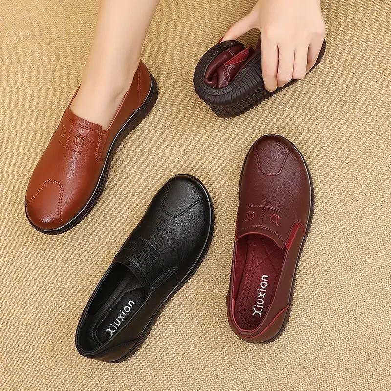 Fashion Women Genuine Leather Shoes Spring Autumn Brown Female Casual Shoes Black Mom Ladies Cozy Classic Leisure Loafer Shoes2025