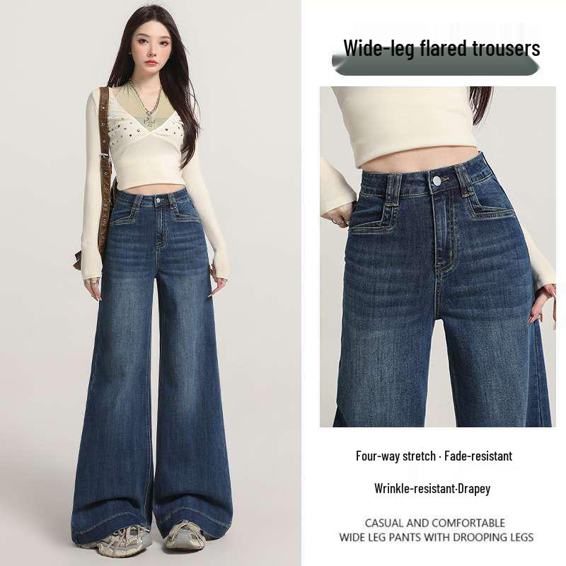 

Women s Retro Washed Blue Flare Wide-Leg Jeans, Early Autumn Fashion. 2XL