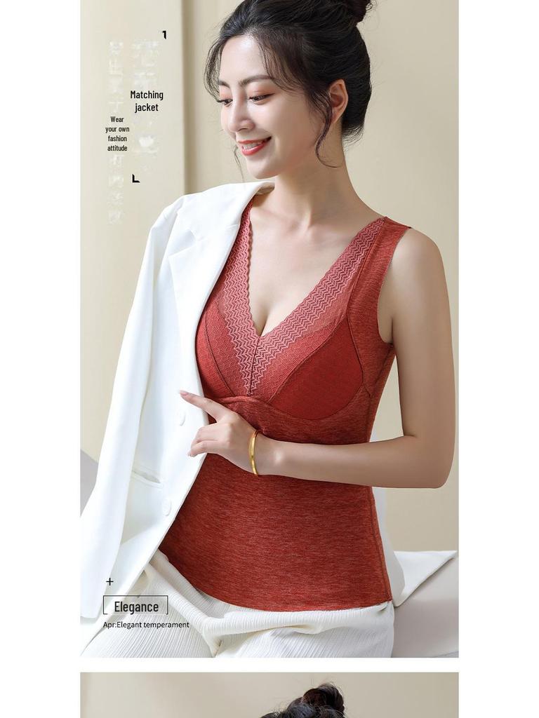 Elegant Velvet Lace V-Neck Women's Warm Vest with Fixed Cups and Silk Cashmere Base