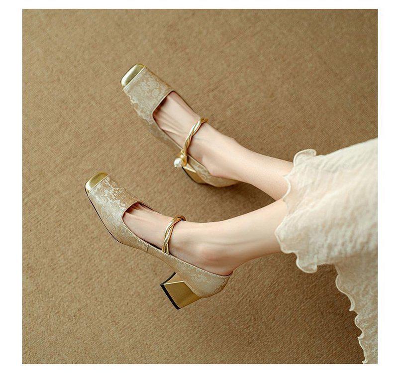 Dámské jarní Mary Jane lodičky s jedním páskem a barevným blokováním - Robustní perlový podpatek, Čtvercová špička, Nový čínský styl, Inspirované Francií.