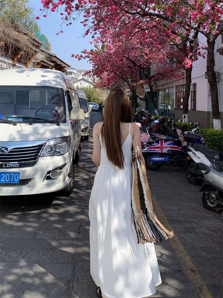 Elegant 2026 Summer White French Fairy Strappy Beach Dress - Women's Slimming Long Skirt
