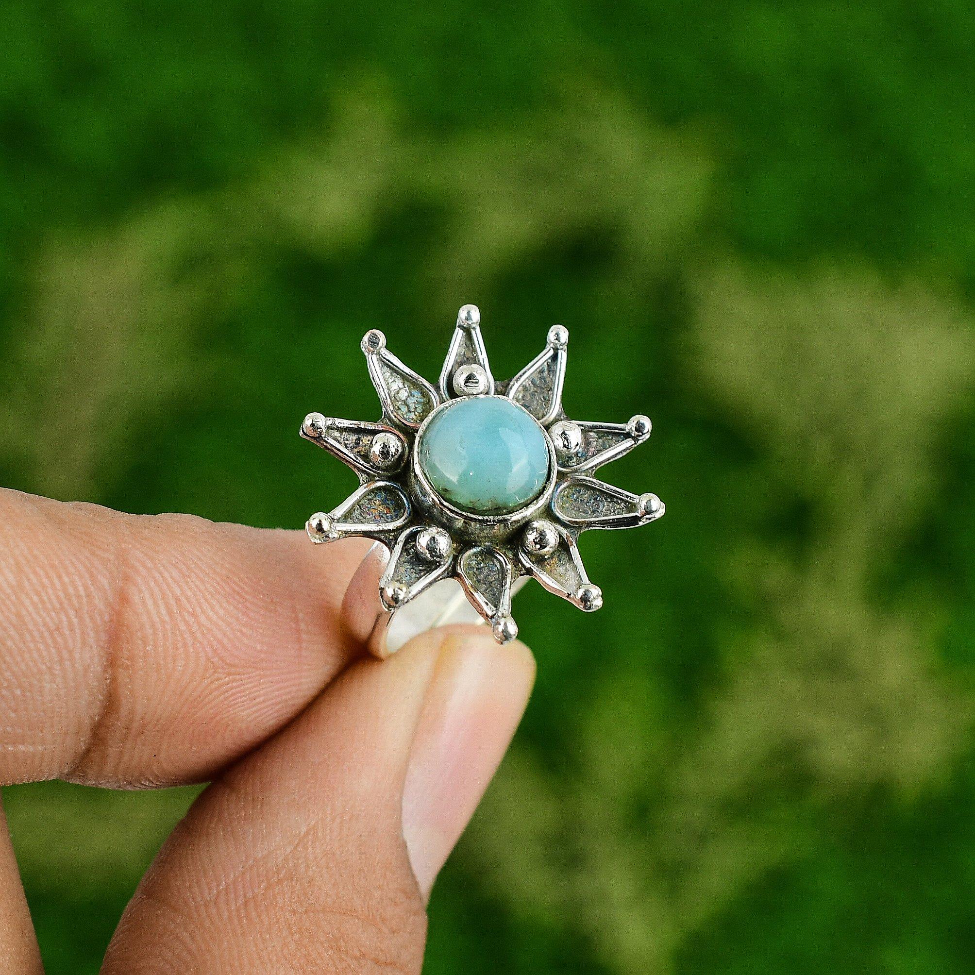 

Womens day Sale Larimar Stone Flower Statement Wife Ring Jewelry Sterling Silver Adjustable