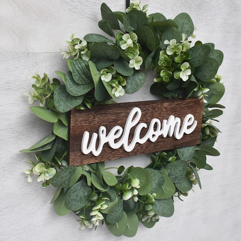 Welcome Sign With Artificial Wreath Front Door Decor Round Wooden Hanging Sign Farmhouse Porch Decorations For Home Outdoor Indoor 30CM